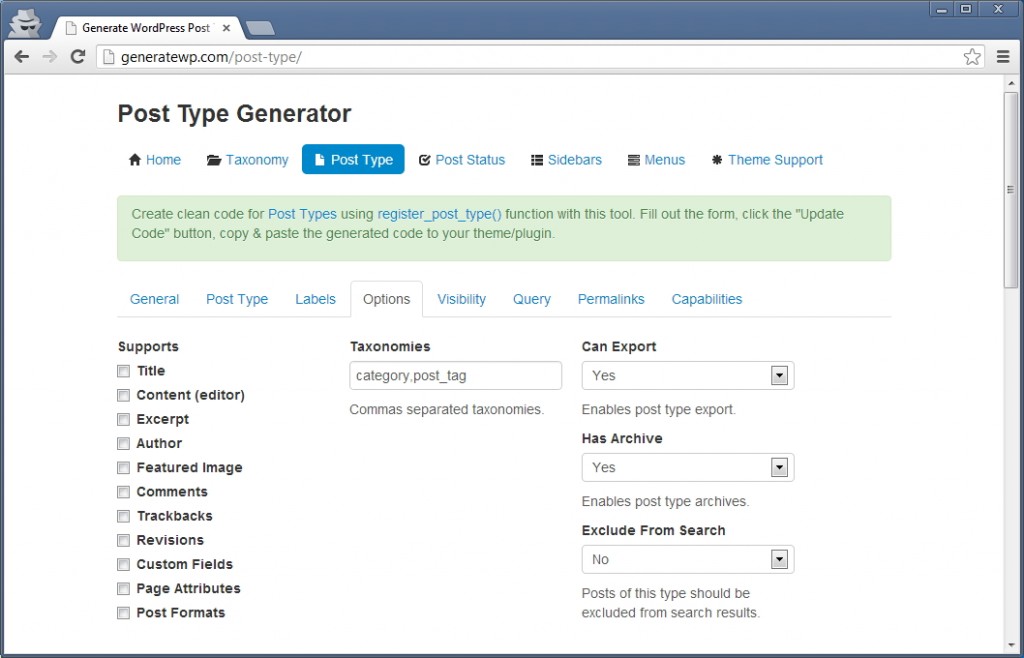 Post Type Generator on GenerateWP.com